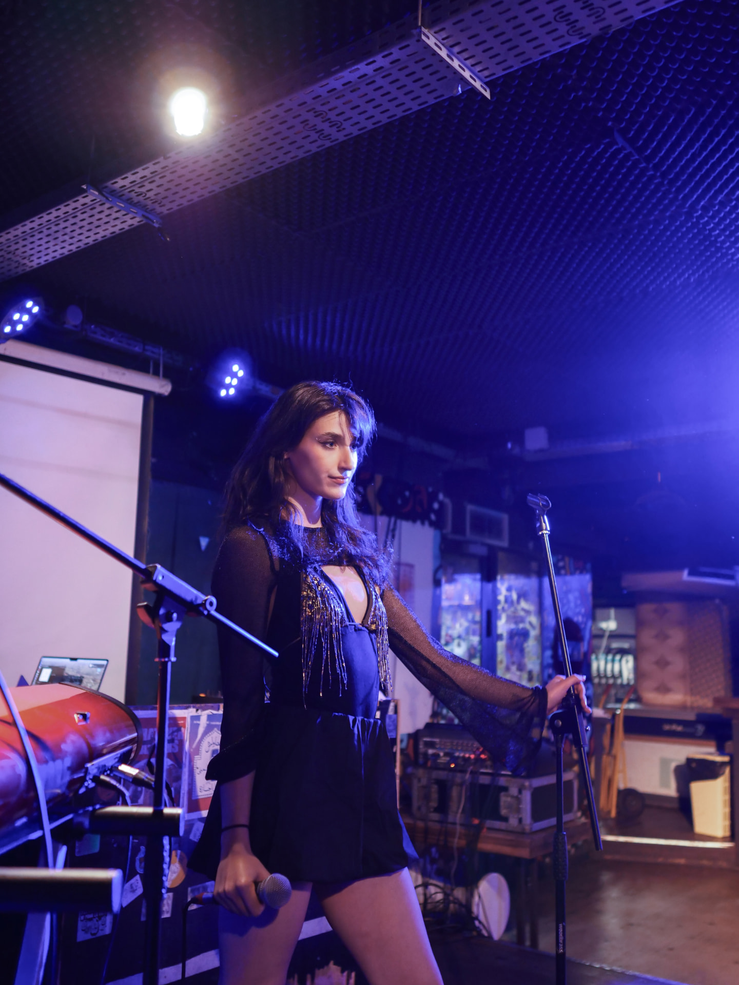 Une chanteuse sur scène avec un top à franges dorées.